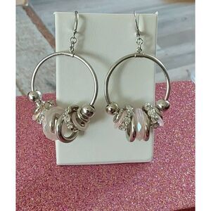 Pretty Silver Bead Filled Cha Cha Dangle Hoop Style Leverback Earrings